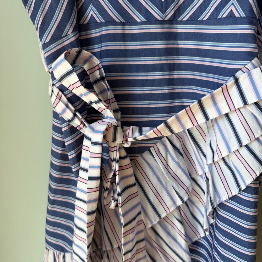Parker Brooklyn Ruffle Mini Dress Blue Pink Stripe Belt Spaghetti Strap Size 4 - Picture 9 of 16